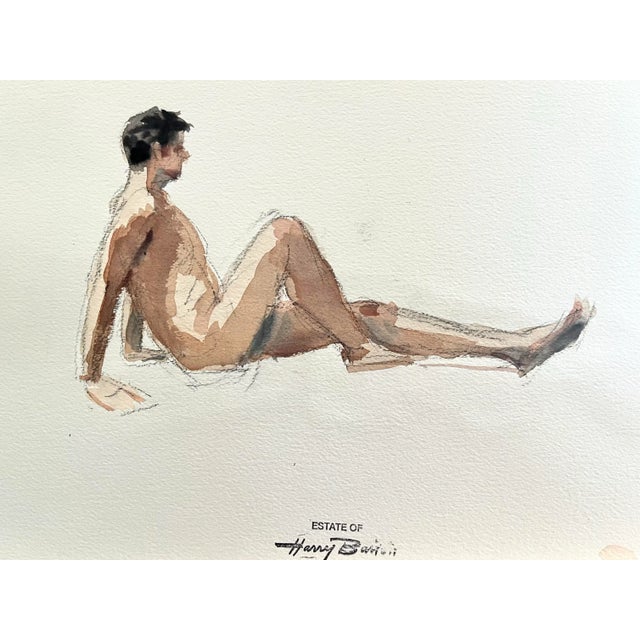 Vintage Watercolors Double Sided Seated Female Nude and Seated Male Nude by Harry Barton For Sale In New York - Image 6 of 8