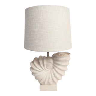 Large Plaster Coastal Shell Form Natural Linen Shade Table Lamp For Sale