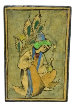 Antique Persian Iznik Qajar Style Green Ceramic Pottery Tile Kneeling Woman C5