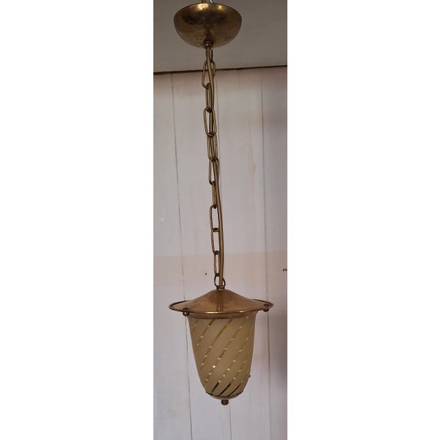Mid-Century German Ceiling Lamp with Brass Frame, Light Amber-Tinted Glass Shade and Spiral Decoration, 1950s, in Very...