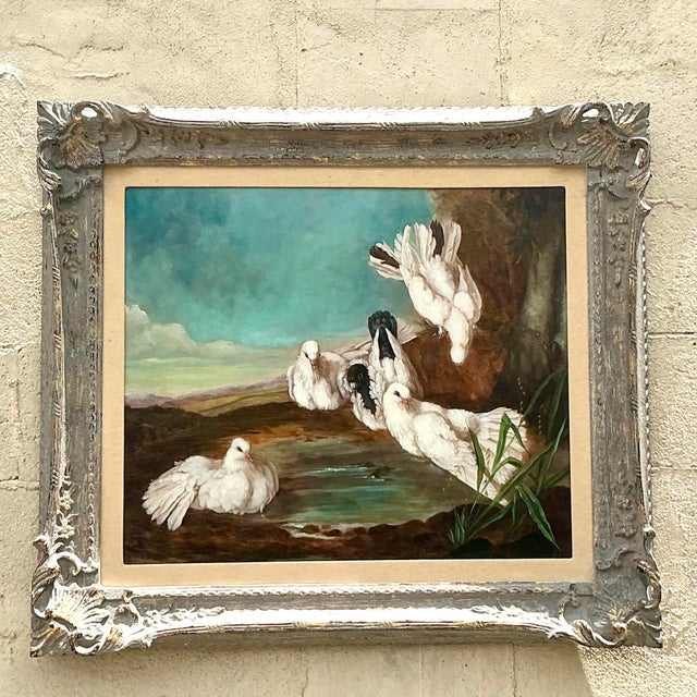 Vintage Regency Original Oil Painting of Doves For Sale - Image 4 of 7