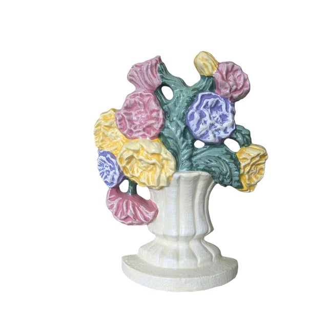 Vintage Painted Cast Iron Wedge Door Stop featuring a Flower Bouquet inside an Urn Could even be used as a small bookend...