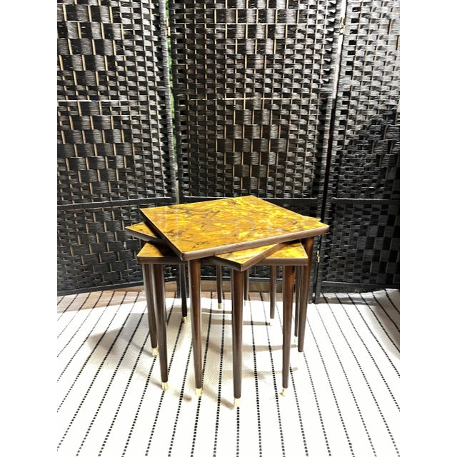 MCM stacking tables in a gold and brown Faux marble top. , these are an estate item which were barely used by the owners,...