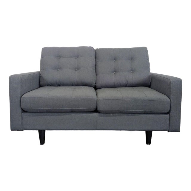 Modern Dark Gray Fabric Loveseat With Tufted Cushions For Sale