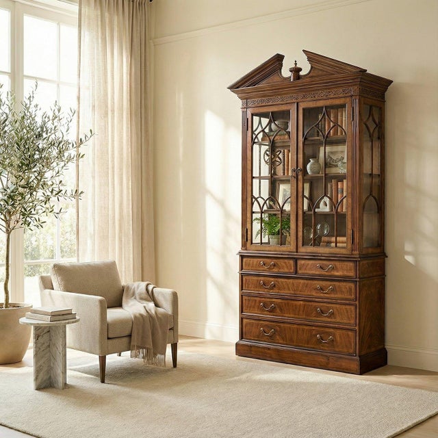 The bookcase is a fine example of English revival design, blending elegant architecture with useful storage. Made from...
