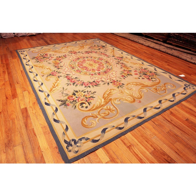 Antique French Aubusson Rug with Rococo Floral Wreaths and Scrollwork, Country of Origin: France, Circa Date: 1930