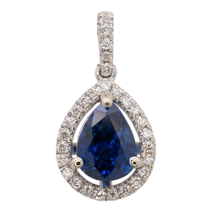 1.8Ct Blue Sapphire Pendant With Natural Diamonds Halo: Solid 14k Gold, 8x5mm