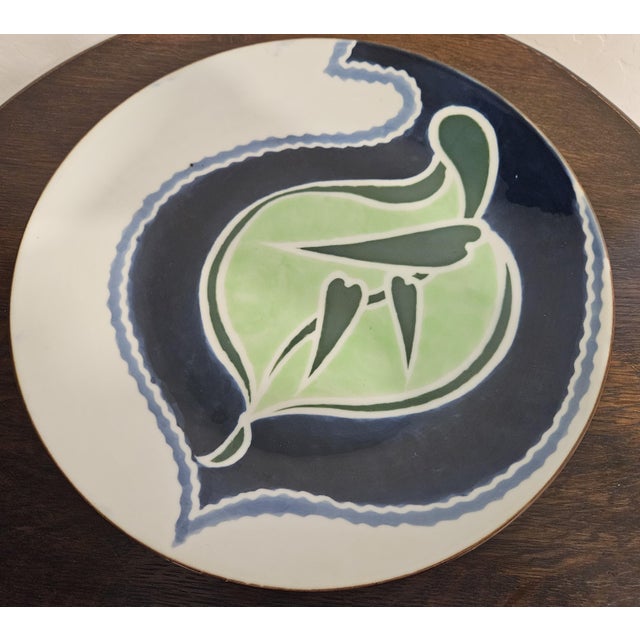Ceramic Vintage 1960s Japanese Studio Pottery Ceramic Serving Platter Wall Hanging Bamboo Leaves For Sale - Image 7 of 10