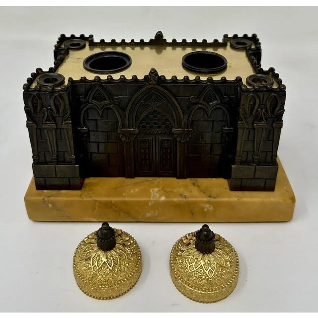 Antique Grand Tour French Bronze Desk Set Inkstand Church Cathedral Siena Marble For Sale - Image 10 of 11
