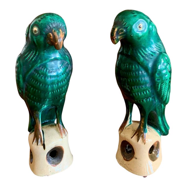 Pair of Antique Sancai Glazed Chinese Export Parrots For Sale