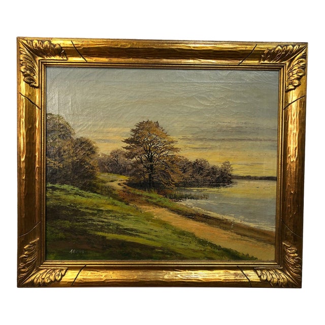"Twilight Along the River" - Early 20th Century Original Oil on Canvas Signed on the Bottom, Framed For Sale