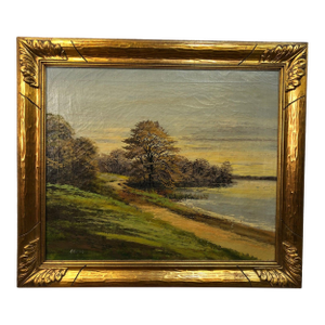 "Twilight Along the River" - Early 20th Century Original Oil on Canvas Signed on the Bottom, Framed