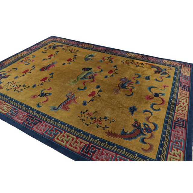 Antique Indochinese Art Deco Rug in Gold With Kirin Pictorials, From Rug & Kilim For Sale In New York - Image 6 of 8