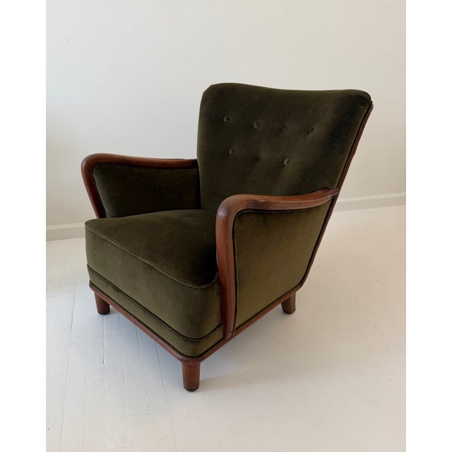 Danish Lounge Chair With Velvet and Wood Trimmed Armrest, 1940's For Sale - Image 12 of 16