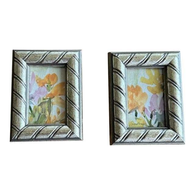 “Petal Pair” Framed Signed Original Miniature Watercolor Botanicals — A Pair For Sale