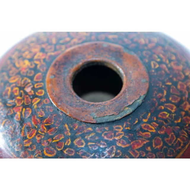 Vintage Asian Red and Black Painted Wooden Round Lidded Box With Metal Ring Handle For Sale - Image 10 of 17