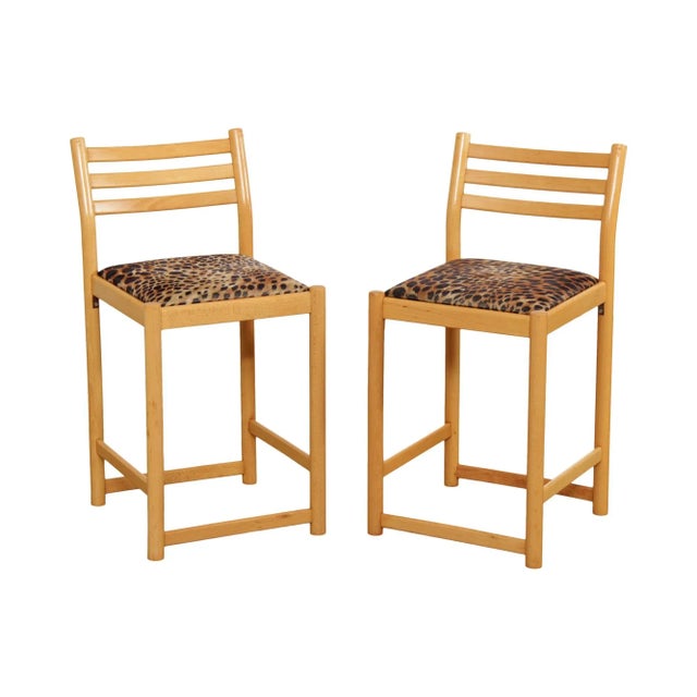 1980s Italian Modern Cheetah Print Upholstered Low Counter Height Bar Stools - A Pair For Sale - Image 13 of 13