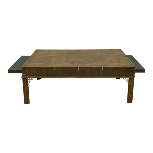Drexel Heritage Burl Walnut & Brass Chippendale Style Coffee Table