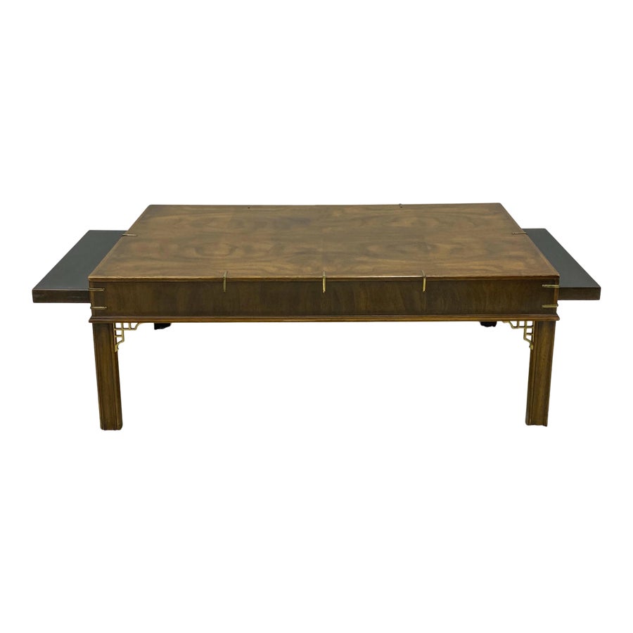 Drexel Heritage Burl Walnut & Brass Chippendale Style Coffee Table