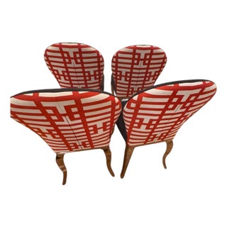 Set of Four Hollywood Regency Slipper Chairs With Jonathan Adler Fabric & Chrome Legs For Sale