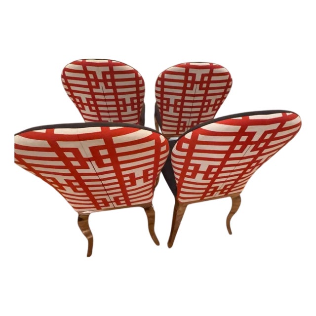 Set of Four Hollywood Regency Slipper Chairs With Jonathan Adler Fabric & Chrome Legs For Sale