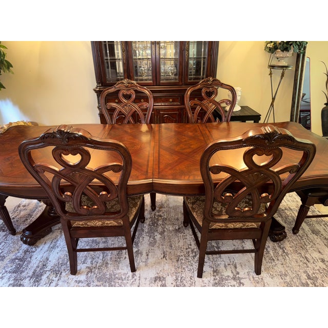 Wood Solid Wood Double-Pedestal Dining Table Set With 6 Carved Chairs – European Traditional Luxury For Sale - Image 7 of 12