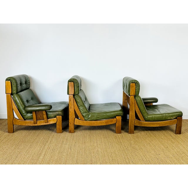 Brown Vintage Scandinavian Modular Sofa in Green Leather and Oak, 1960s, Set of 3 For Sale - Image 8 of 18