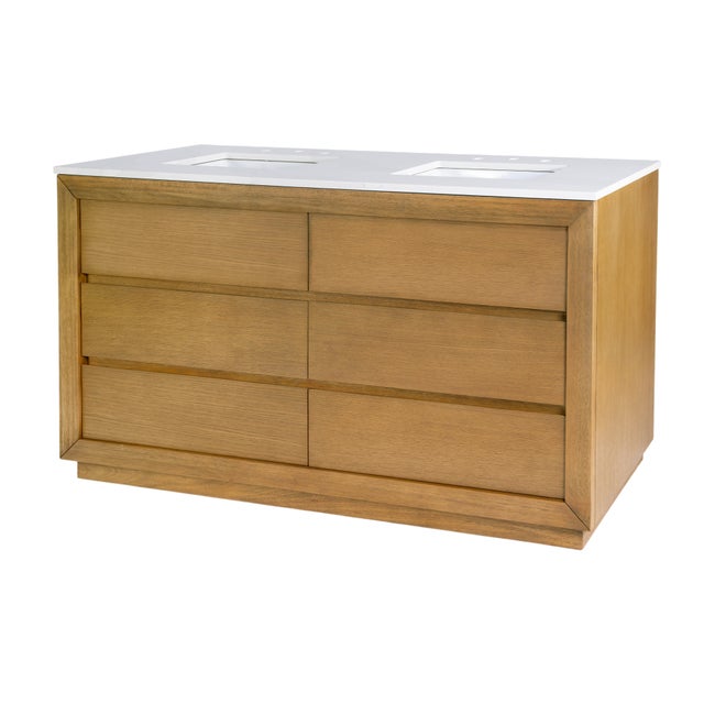 Mid-Century Modern Brady 60 in. W Wood & Quartz Double Sink Bathroom Vanity, Light Natural For Sale - Image 3 of 11