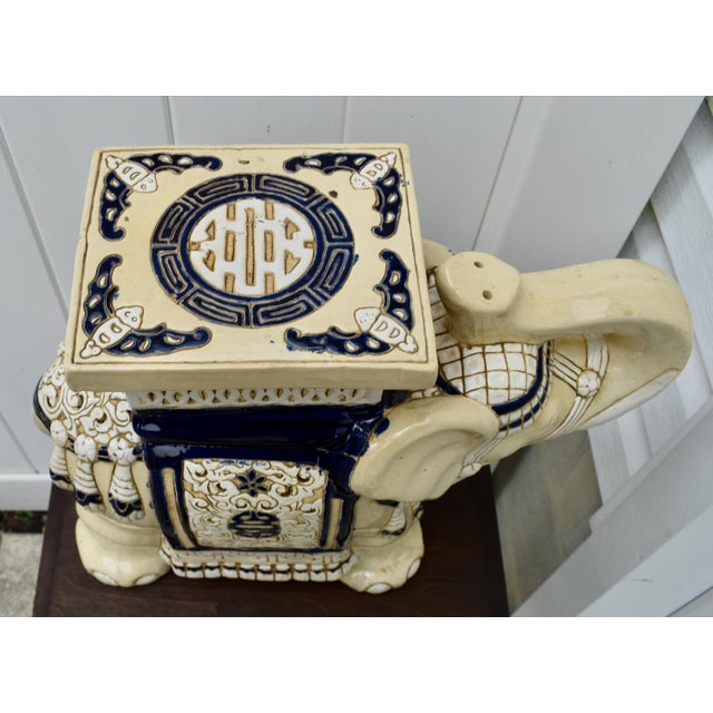 Ceramic Elephant Garden Stool Side Table Plant Stand Chinese Cream Blue For Sale - Image 13 of 15