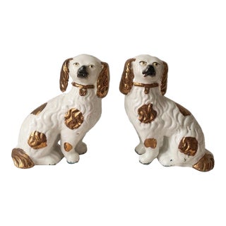 Vintage Staffordshire Spaniel Dog Figurines Pair, White Gold Ceramic Dogs, Staffordshire Style Dog Statues, Victorian Dog Decor For Sale