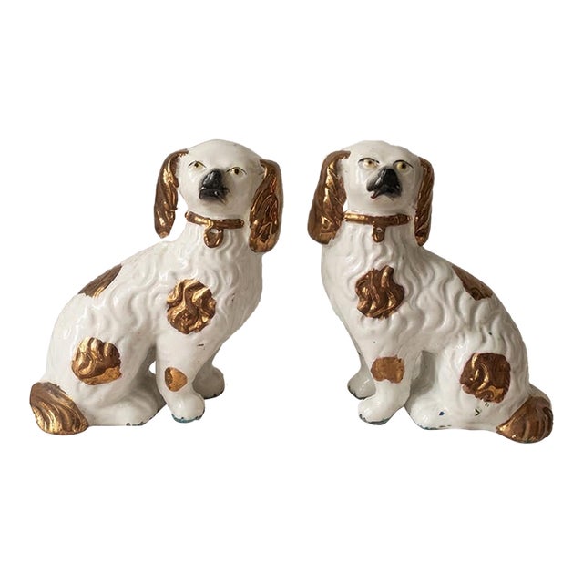 Vintage Staffordshire Spaniel Dog Figurines Pair, White Gold Ceramic Dogs, Staffordshire Style Dog Statues, Victorian Dog Decor For Sale