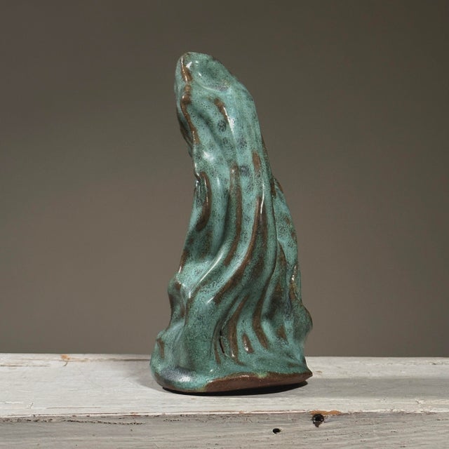 Vintage Abstract Biomorphic Muted Teal Glazed Stoneware Sculpture, Signed. Biomorphic stoneware sculpture in an abstract...