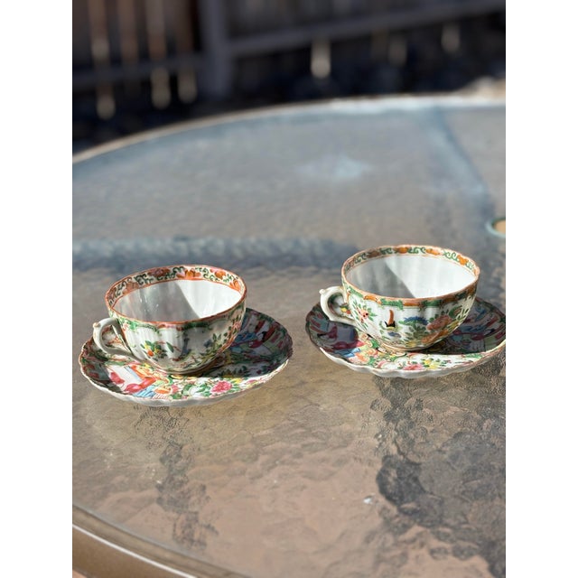 Chinoiserie Circa 1820-1890 Rose Medallion Teacups and Saucers Set- 4 Pieces For Sale - Image 3 of 6