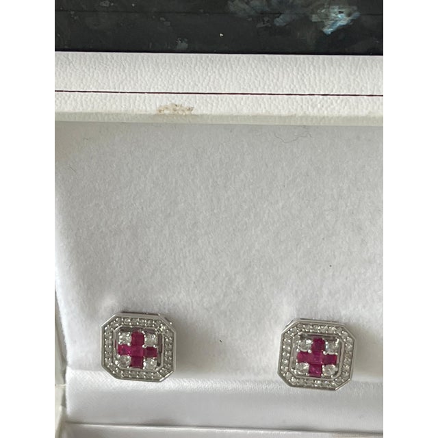 Princess Cut Natural Ruby and Diamond Stud Post Earrings 14 Karat White Gold For Sale - Image 13 of 18