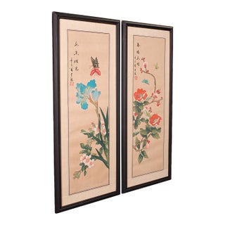 Pair of Antique Guo Hua Panels, Oriental Art, Watercolour, Woven Silk, Edwardian For Sale
