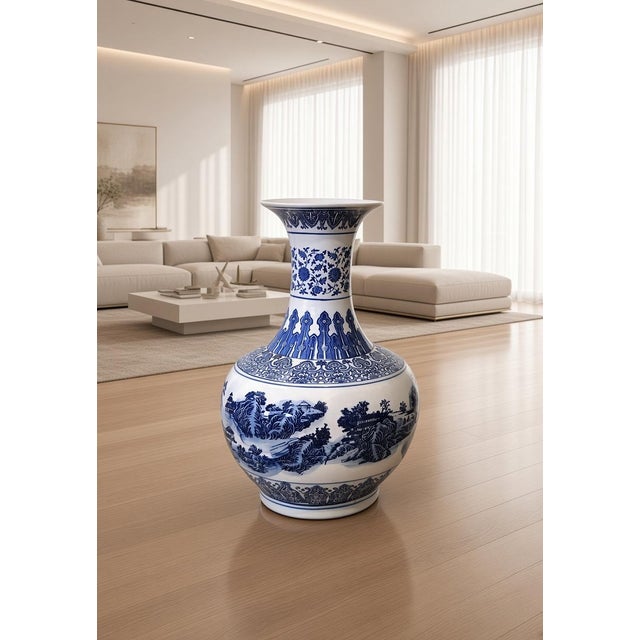 1930s Large Blue White Globular Vase Landscape Pavilions Apocryphal Six-Character Mark For Sale - Image 10 of 14