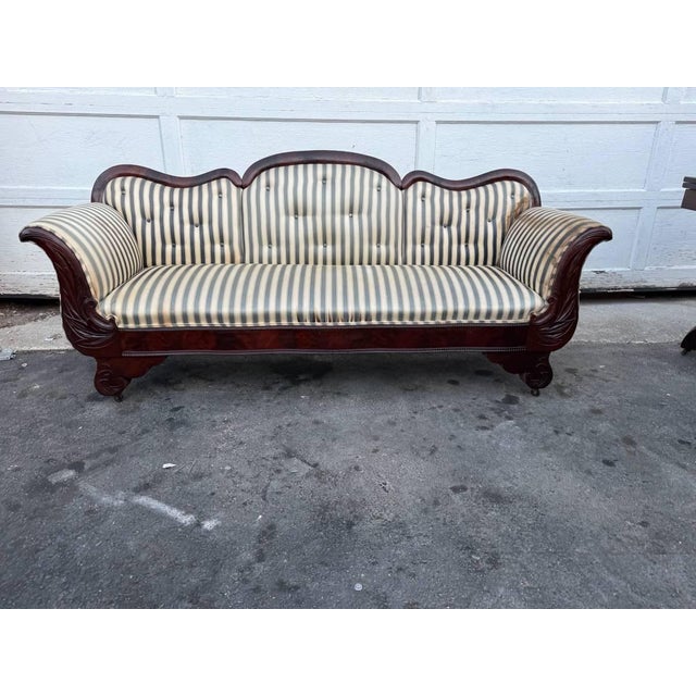 Antique American Empire Style Flame Mahogany Upholstery Sofa Antique 19th C American Empire Style Carved Flame Mahogany...
