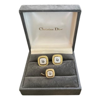 Rare Monsiuer Vintage Christian Dior Gold Plate Cufflinks & Tie Clip In Original For Sale