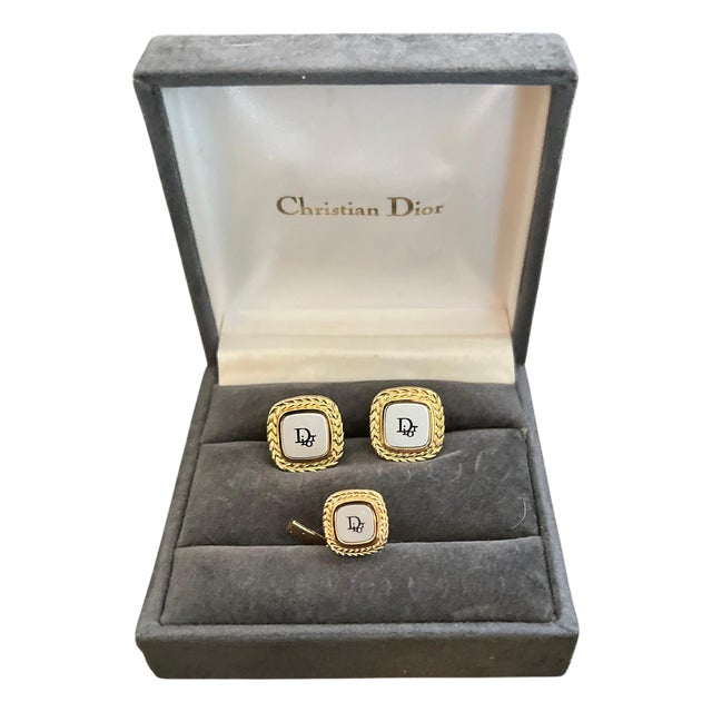 Rare Monsiuer Vintage Christian Dior Gold Plate Cufflinks & Tie Clip In Original For Sale