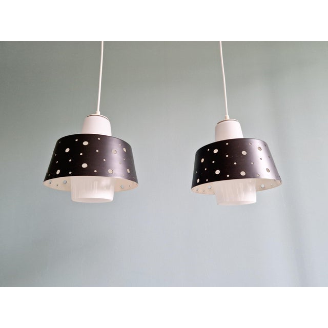 Mid-Century Modern Vintage Scandinavian Pendant Lights in White Opaline and Black Lacquered Metal, 1960, Set of 2 For Sale - Image 3 of 17