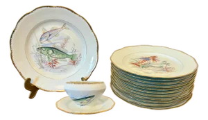 Mid-Century Modern Hand-Painted Fish Service by S.F.P. for Limoges, 1950, Set of 13