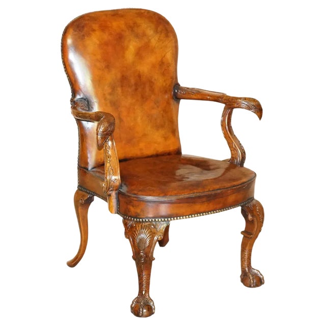 Vintage Eagle Armed Claw & Ball Feet Brown Leather Armchair For Sale