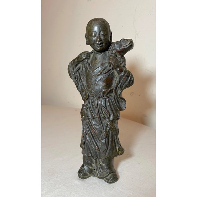 Rare Antique 18th Century Chinese Cast Bronze Figural Boy Fish Statue Sculpture For Sale - Image 4 of 18