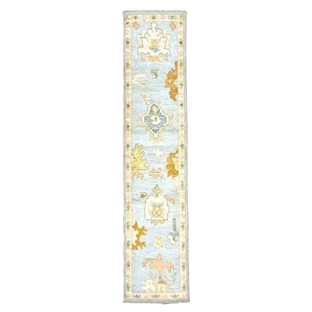 21st Century Turkish Oushak Wool 2x10 Light Blue, Gray & Ivory, Handmade Runner Rug #1144115 For Sale