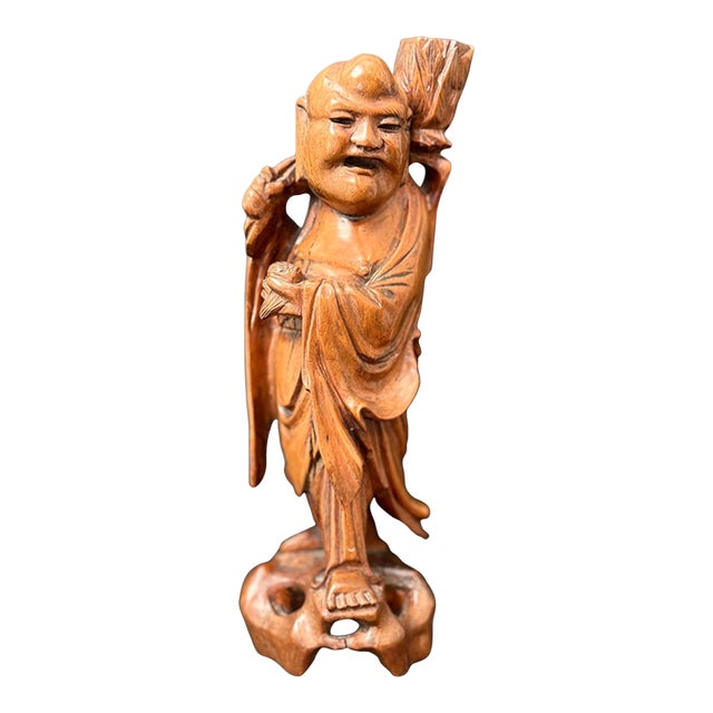 Hand Carved Wood Happy Buddha Statue With Candle Holder For Sale