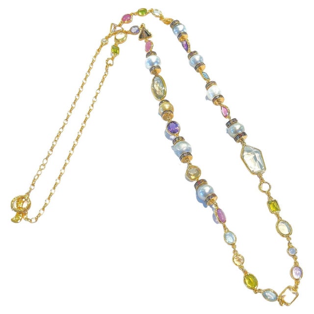 Bochic "Capri" Vintage Pearl, Sapphire, Ruby Necklace 18K Gold & Silver For Sale - Image 17 of 18