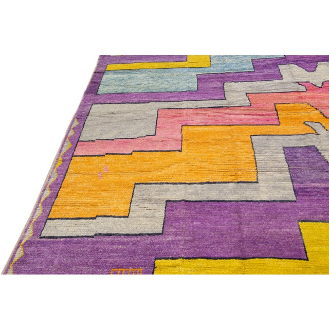 Modern Turkish Tulu Handmade Multicolor Geometric Motif Oversize Wool Rug For Sale - Image 4 of 11