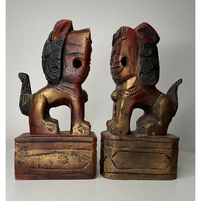 Mid 20th Century Primitive Carved Wood Foo Dogs - A Pair For Sale - Image 9 of 12