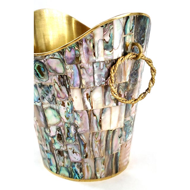 Brass 1950s Brass & Abalone Shell Ice Bucket and Tongs For Sale - Image 8 of 10