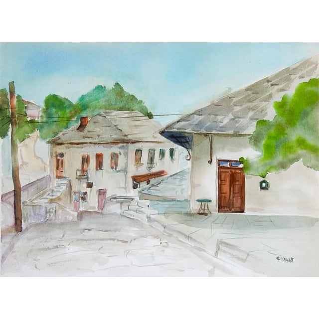 Mediterranean Village Street Scene Watercolor Painting For Sale - Image 4 of 4